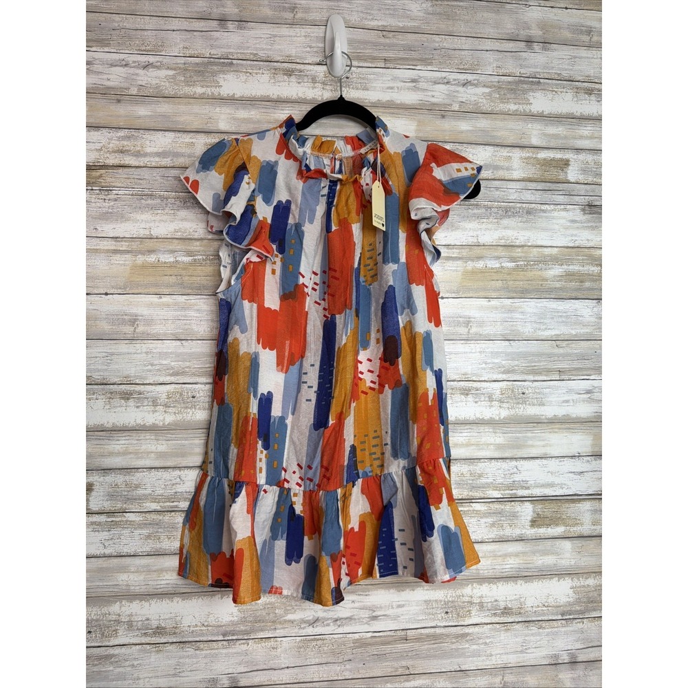 Jodifl Top Womens Small Colorful Abstract Ruffle Neck Flutter Sleeve Summer Boho
